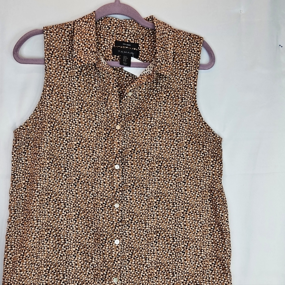 Tahari White Black Brown Print 100% Linen Buttondown Shirt Dress Sz M - Picture 2 of 10